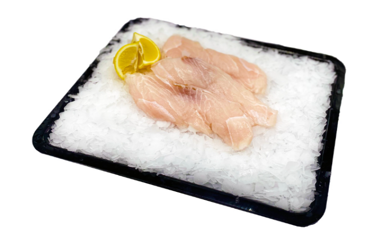 Flake Fillet on a bed of ice with lemon wedges, on a white background